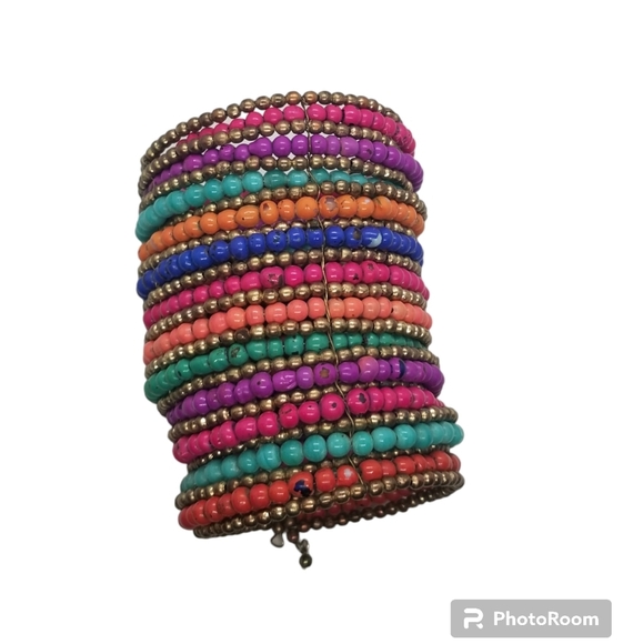 VINTAGE TALL HANDMADE MULTICOLOR SEED BEAD ETHNIC BOHO STATEMENT CUFF BRACELET - Picture 4 of 6